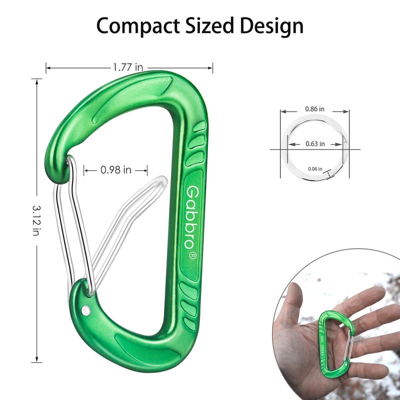 Gabbro Carabiner Clips Heavy Duty 12kN (2697 lbs), | 3.2 Inch, Aluminum, Wiregate Snap, Lightweight, 4 Pack | for Hammock, Hiking, Camping, Water Bottle, Dog Leash Harness, Keychains - Green - Image 4